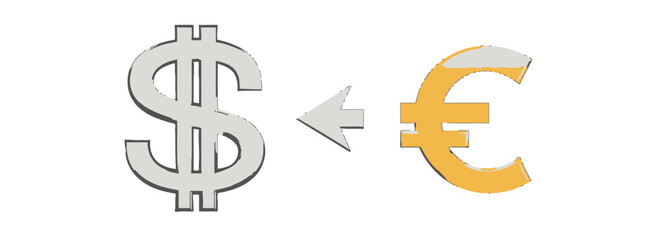 Obraz premium 3D rendered icons of a silver US dollar symbol and a gold European euro sign with a directional arrow representing global currency exchange.