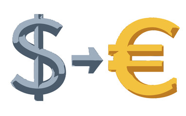 Fototapeta premium 3D illustration of a silver dollar symbol pointing to a golden euro symbol with an arrow representing international currency exchange rates.