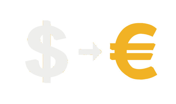 Minimalist illustration of a dollar to euro currency conversion process featuring a grey dollar symbol and a golden euro sign on white.