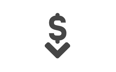Obraz premium A black dollar symbol with a downward pointing arrow icon isolated on a white background signifying cost reduction, falling prices, and market loss.