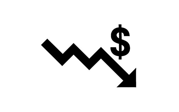 Minimalist black vector icon showing a decreasing financial graph with a dollar symbol indicating economic downturn and market loss on white.