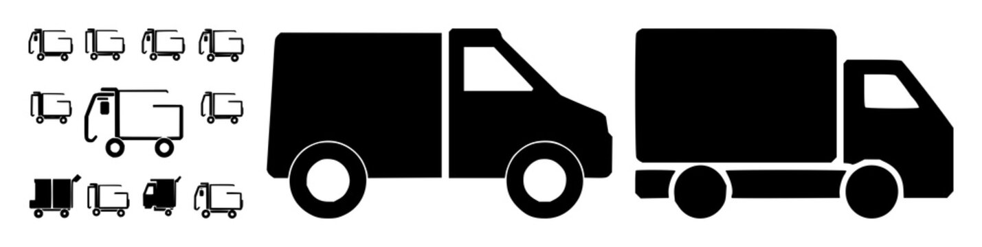 Drop-shipping icon set with minimalist black silhouette on white background featuring shipping, e-commerce, logistics with arrow and truck