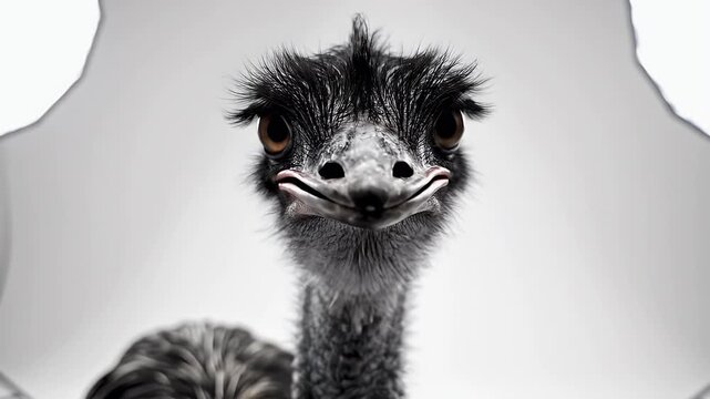 A close-up portrait of an emu with a curious expression, framed by a reflective surface, creating an intriguing and slightly surreal composition.