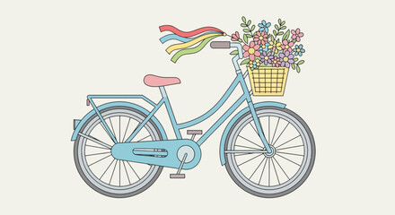 Fototapeta premium A cartoon-style blue bicycle with a flower-filled basket, ribbons, and a pink seat