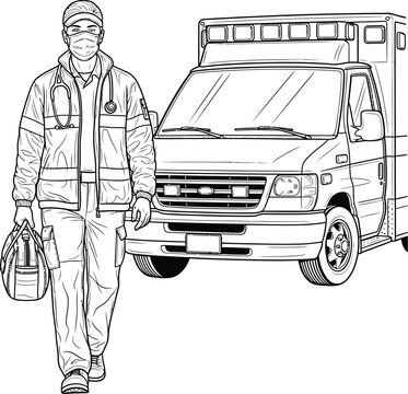 Black and white line art illustration of a paramedic wearing a face mask.