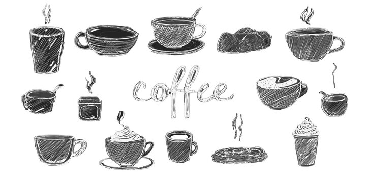 Artistic charcoal sketches of diverse coffee mugs, espresso cups, and sweet treats with elegant cursive lettering on a clean white background.