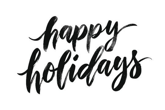 Hand-lettered black ink calligraphy of the phrase happy holidays on a clean white background for seasonal greeting cards and festive designs.