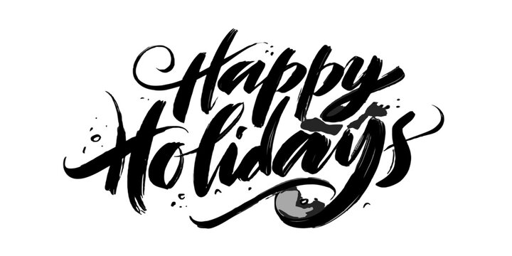 Elegant hand-drawn Happy Holidays lettering in black brush script style on a white background, perfect for festive greeting cards and winter decor.