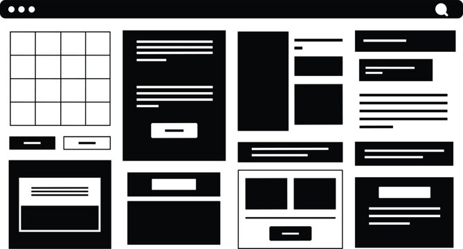 Abstract black and white composition a grid of rectangular and square elements with varied line patterns