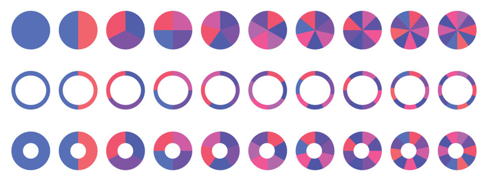 Pie chart set. Colorful diagram collection with sections or steps. 1,2,3,4,56,7,8,9,10 segment infographic. Circle pie chart diagram.