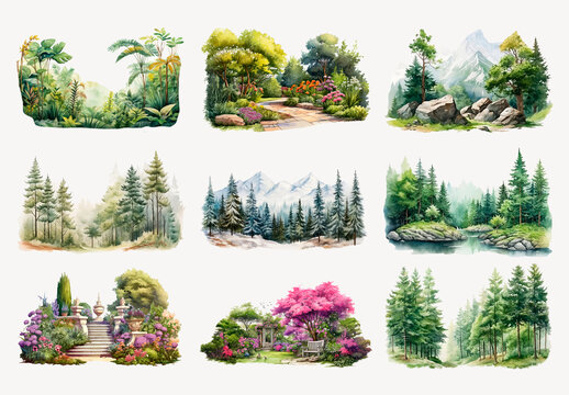 Serene Watercolor Landscapes Element Design Set