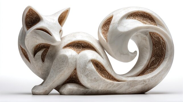 White marble sculpture of elegant feline fox carved in pristine white stone with flowing abstract forms and elongated tail.