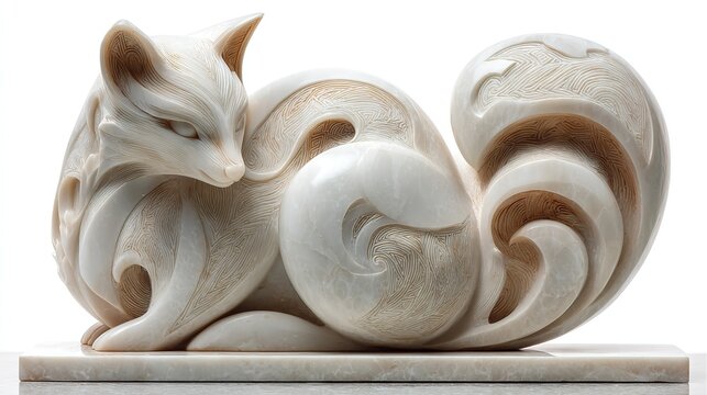 White marble sculpture of elegant feline fox carved in pristine white stone with flowing abstract forms and elongated tail.