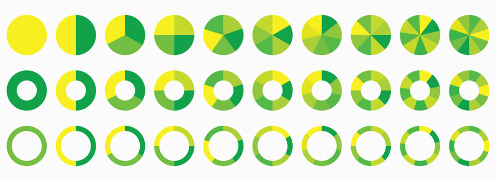Pie chart set. Colorful diagram collection with1, 2,3,4,5,6,7,8,9,10 sections or steps. Circle icons for infographic, UI, web design, business presentation. Vector illustration.