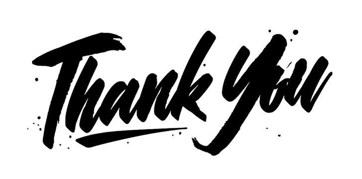 Expressive hand-drawn Thank You calligraphy text in bold black brush lettering with ink splatters isolated on a clean white background.
