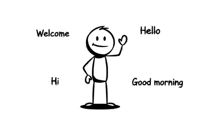 Happy stickman greeting vector with welcome hello hi and good morning text in simple minimal style © MD