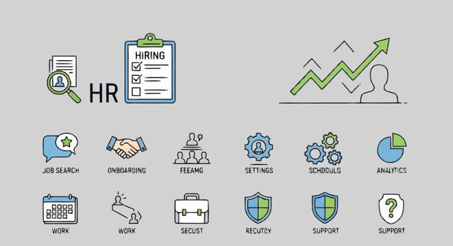 HR management and recruitment process icons set for business.