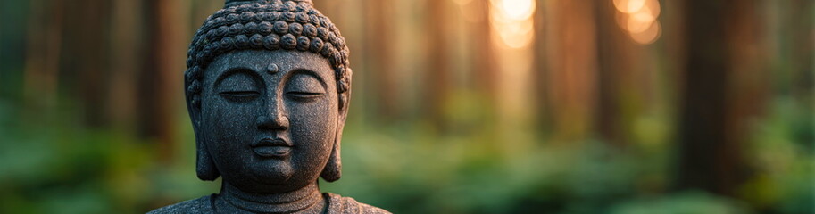 Obraz premium Peaceful Buddha statue close up in serene forest setting with soft golden hour sunlight calm zen atmosphere spiritual mindfulness warm natural glow