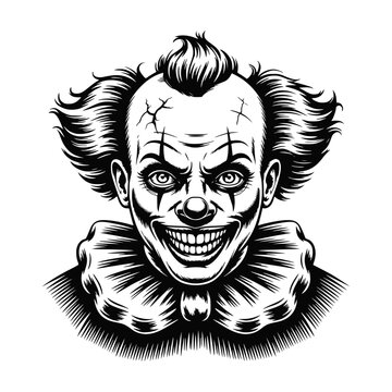 A whimsical black and white illustration of a cheerful clown with exaggerated features and a killer expression.