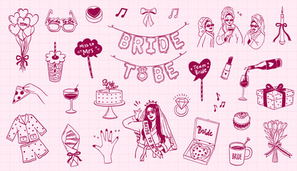bachelorette - bridal shower party celebration doodle hand drawn collection set © gurlinthetri