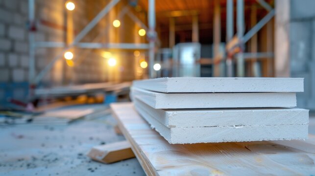 Stacked White Drywall Sheets on a Construction Site with Soft Lighting in a Background Setting