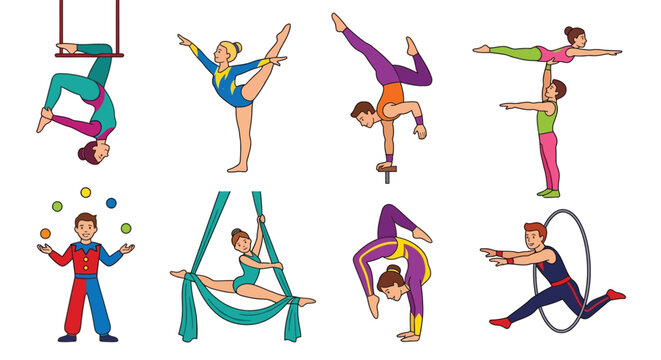 Colorful cartoon illustration depicting various circus performers and acrobatic acts