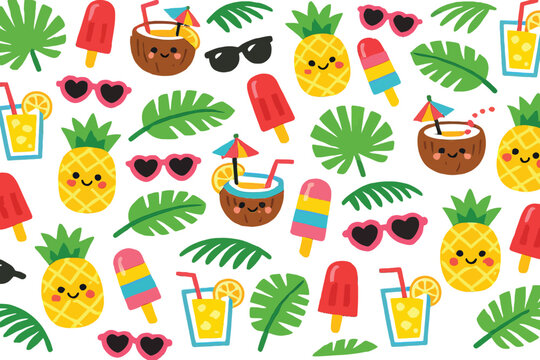Summer tropical pattern, cute pineapple vector, seamless summer background, ice cream popsicle design, coconut drink illustration, beach holiday pattern, tropical leaves wallpaper, colorful summer pri