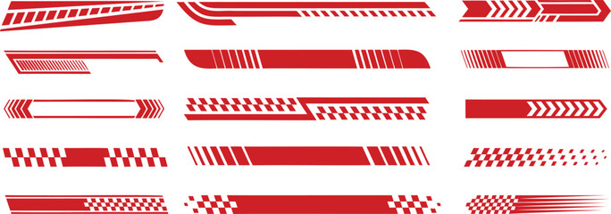 Racing stripe vector set with speed lines, arrows, checkered flag patterns and dynamic motion elements in red, modern sporty graphic collection for car decals, motorsport branding and design © Parul