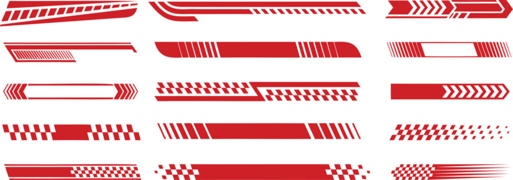 Racing stripe vector set with speed lines, arrows, checkered flag patterns and dynamic motion elements in red, modern sporty graphic collection for car decals, motorsport branding and design