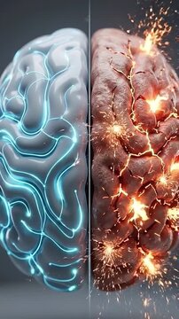 Healthy brain vs neuroinflammation concept split 3d render with blue neural glow and neuronetwork health, contrasting inflamed tissue cracks fire sparks heat, neurology inflammation digital art