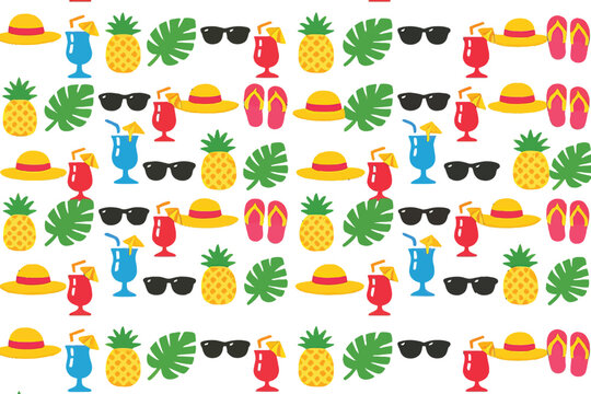 Summer beach pattern, tropical seamless background, pineapple cocktail vector, sunglasses flip flops hat illustration, tropical leaves design, colorful summer wallpaper, vacation pattern, textile 