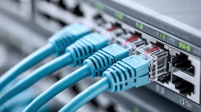 Close-up of a network switch with connected blue ethernet cables.