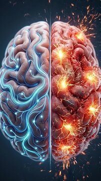 Healthy brain vs neuroinflammation medical illustration neuroscience neurology neuron inflammation showing split brain hemispheres with calm blue neural network vs red inflamed tissue sparks dark