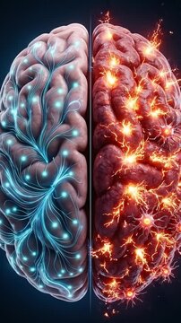 Healthy brain vs neuroinflammation medical illustration split human brain showing calm neural network vs inflamed tissue with glowing neuron synapse neuroscience neurology inflammation concept