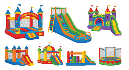 Colorful inflatable castle set with slides and bouncy houses for children s play © Vactor media 