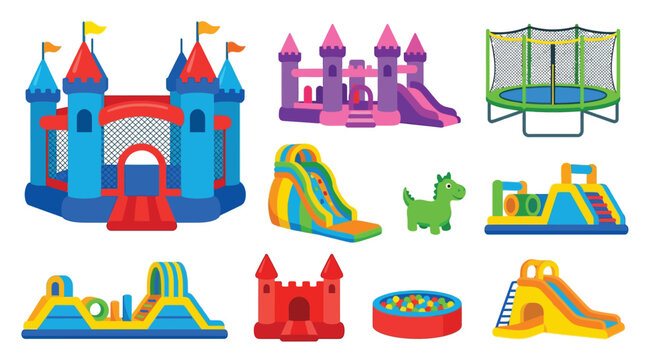 Colorful inflatable bounce houses slides and a trampoline for children s play