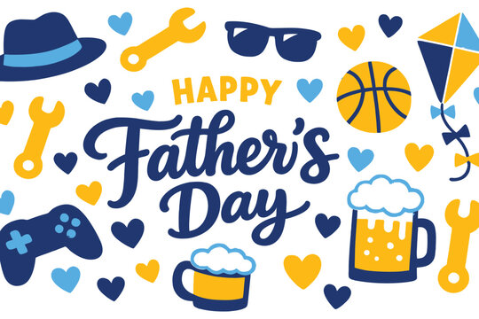 Happy Fathers Day vector, dad celebration illustration,  typography design, greeting card template, dad elements icons, beer mug game controller tools pattern, holiday background, festive f