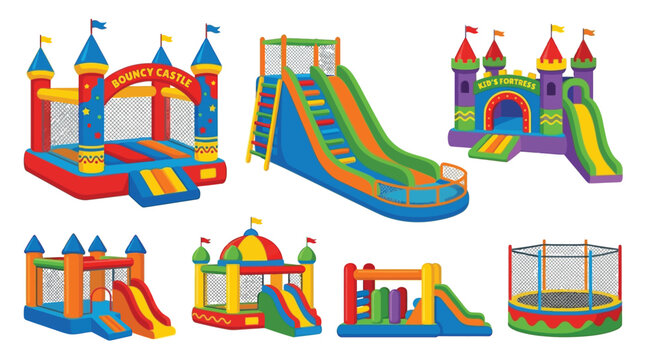 Colorful inflatable castle set with slides and bouncy houses for children s play