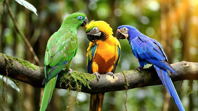 Three vibrant parrots, a green, yellow, and blue macaw, perch on a mossy branch amidst lush tropical foliage, showcasing their colorful plumage.