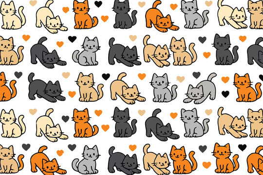 Cute cat seamless pattern, cartoon kitten vector background, playful cats illustration, kawaii pet design, adorable kitty wallpaper, hand drawn animal pattern, kids nursery textile print