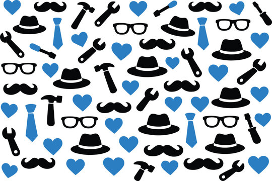Fathers Day seamless pattern, dad icons vector background, mustache tools tie hat design, minimal black blue pattern, father day wallpaper, simple geometric style, wrapping paper textile print, dad 