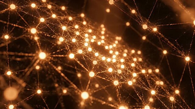 A glowing network of interconnected nodes and lines creates an abstract representation of data, technology, and complex systems.