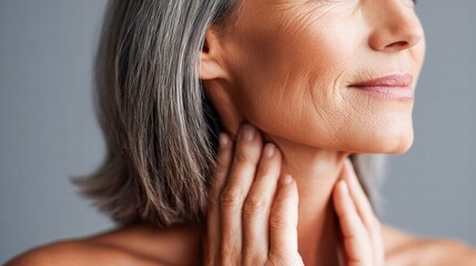 Fototapeta premium Mature woman gently touching her neck, showcasing aging gracefully.