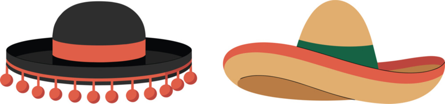 Traditional Mexican Sombrero and Spanish Cordobes Hat Vector Illustration for Cultural Design