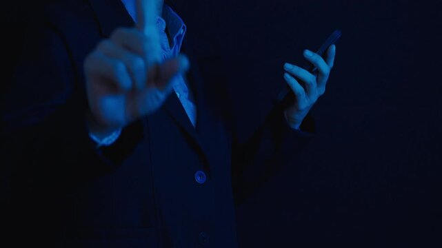 Hand of business woman touch screen button to open something