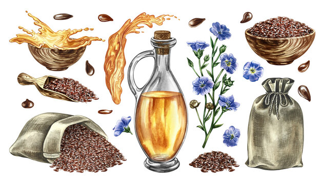 Flaxseed oil set. Hand-drawn watercolor illustration. Flax seeds, flowers, oil bottle, jute bags, oil splashes, and wooden bowl and scoop. For labels and packaging, banners, posters, and more.