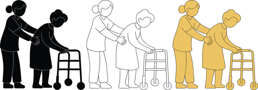 Nurse Helping Elderly Patient With Walking Frame Icon For Healthcare And Rehabilitation