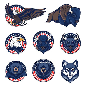 Set of American Wildlife Mascot Illustrations Featuring Eagle Bison Bear and Wolf.