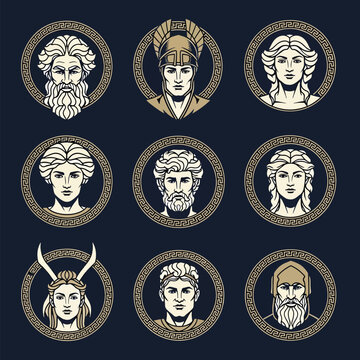 Set of Ancient Greek Gods and Goddesses Portrait Collection.