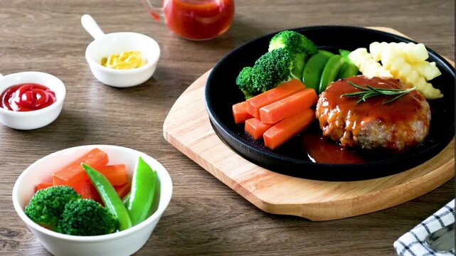 Hot Plate Hamburg Steak on a wooden table.